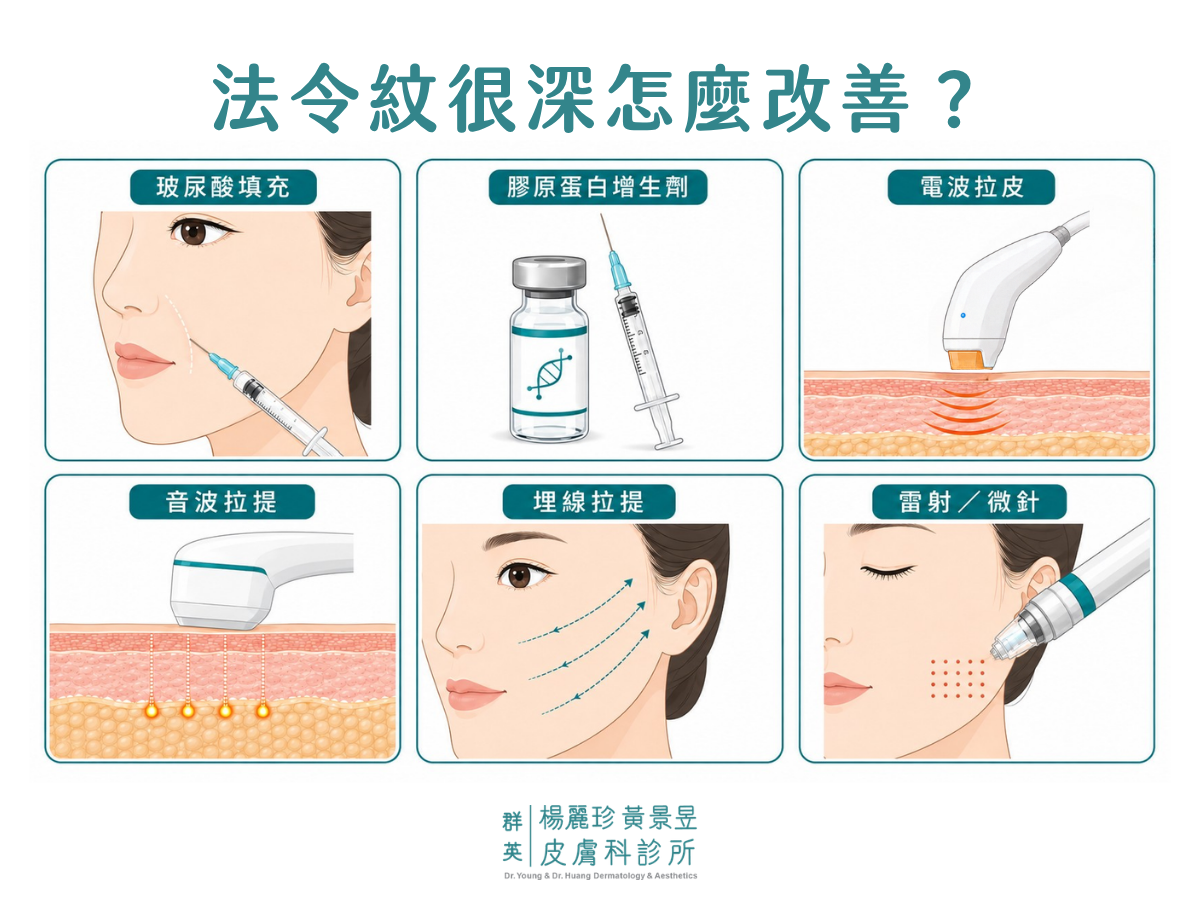 法令紋改善方式示意圖，包含玻尿酸填充、膠原蛋白增生劑、電波拉皮、音波拉提、埋線拉提與雷射微針 6 種醫美療程