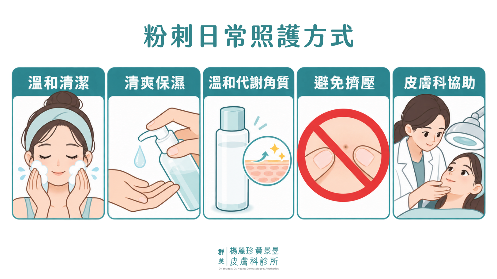 粉刺日常照護 5 招，包含溫和清潔、清爽保濕、溫和代謝角質、避免擠壓與尋求皮膚科協助